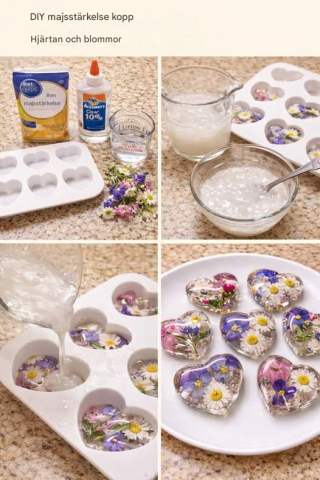 Hjärtan och blommiga glasblommor gjorda med majsstärkelse: ett fantastiskt hantverk som ser ut som målat glas.