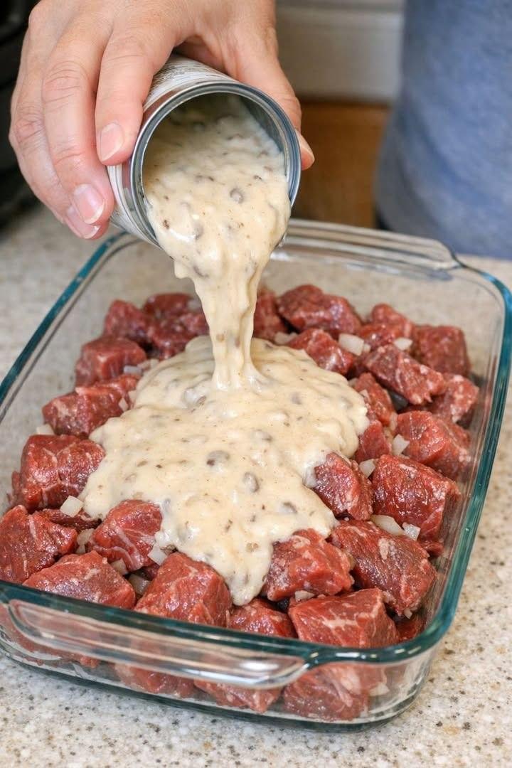 Häll gräddsoppa med svamp över rått nötkött för denna enkla komfortmiddag med fyra ingredienser